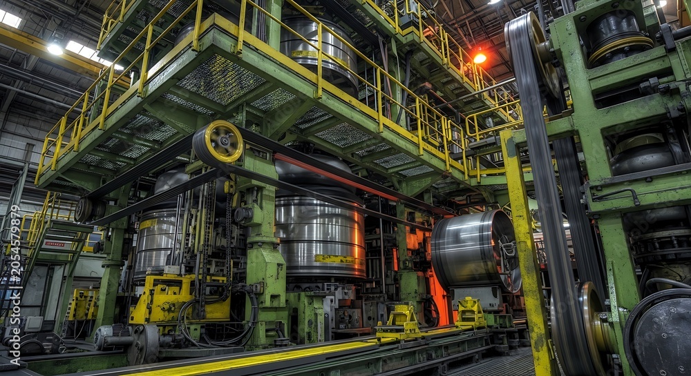 Fototapeta premium Heavy machinery operating in industrial factory with dramatic lighting
