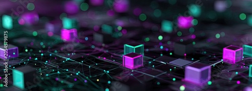 Abstract digital network with glowing cubes and connecting lines
