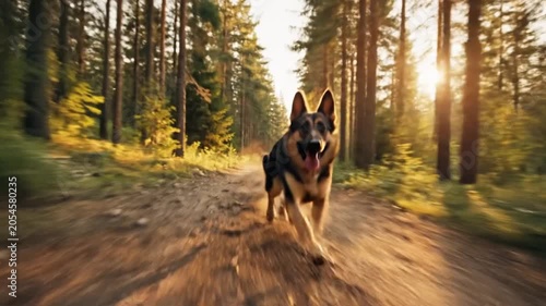 Alert German Shepherd Dog Running Through Green Forest Trail Close-Up Action Nature Photography