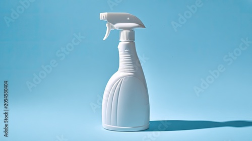 White plastic spray bottle with ergonomic handle on blue background