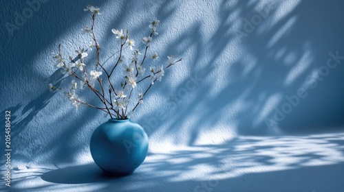 Delicate white blossoms in a blue vase cast dappled shadows on a textured wall