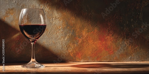 A glass of red wine is illuminated by a spotlight against a textured wall