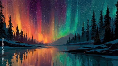 Vibrant aurora borealis illuminates a tranquil winter landscape with snow-covered trees