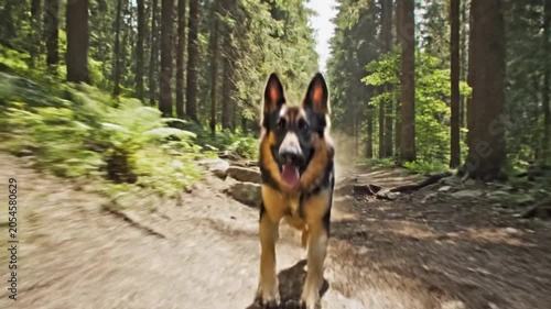 Alert German Shepherd Dog Running Through Green Forest Trail Close-Up Action Nature Photography