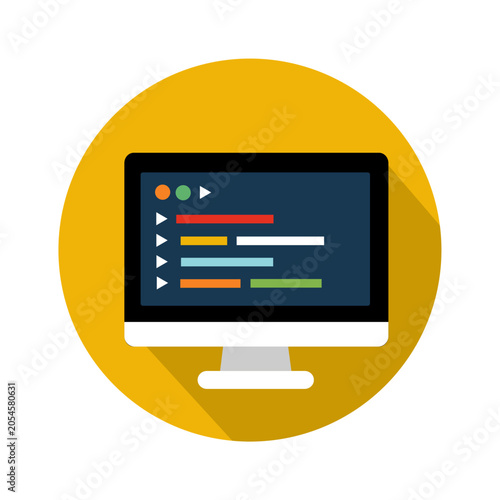 AI Coding Icon - Laptop displaying coding interface with progress bars and status indicators on vibrant yellow background
