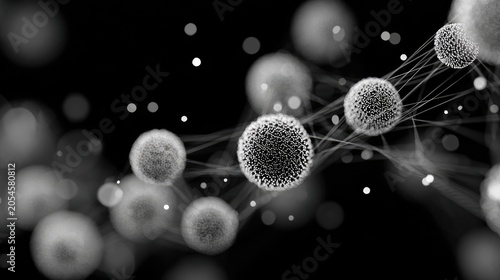 Abstract connection of spherical networks with glowing points on black background