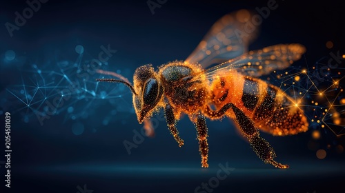 Sci-fi bee buzzing through digital network, energy particles flowing