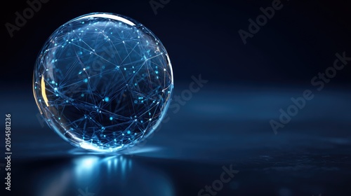 Illuminated sphere with glowing network of connections on dark reflective surface