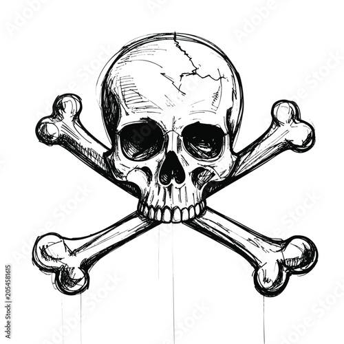 Hand drawn ink illustration of a human skull and crossbones.