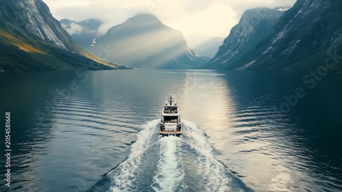 Luxury Motor Yacht Cruising Through Majestic Norwegian Fjord Landscape