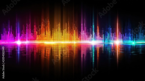 Vibrant, abstract equalizer bars pulse with neon colors, reflecting on a dark surface