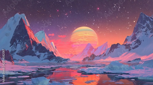 Alien planet landscape with icy mountains under a vibrant, star-filled sky