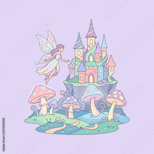 Schilderij op canvas Whimsical fairy flying near a magical pastel castle on a hill