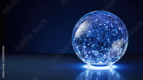 Glowing sphere of interconnected digital nodes on a dark futuristic podium