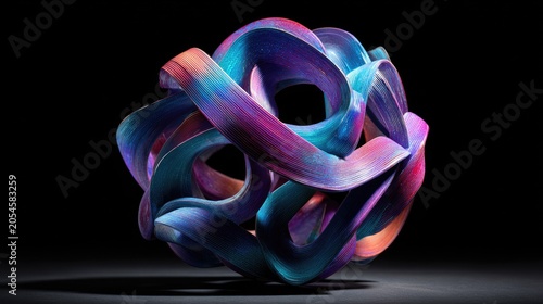 Abstract, colorful, looped, and textured form against a dark background