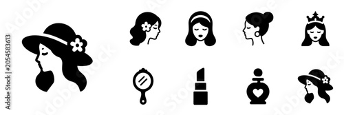 Konstfotografi Womens Beauty Profile and Cosmetics Silhouette Icon Set