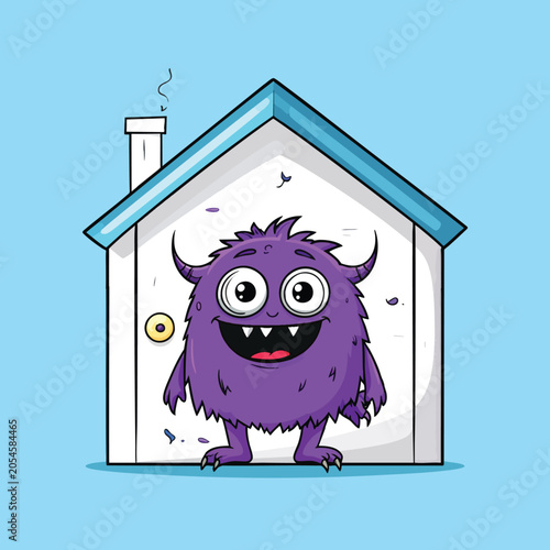 A happy purple furry monster standing in front of a house.
