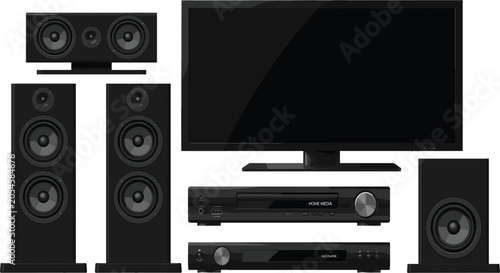 Tableau sur toile Home theater sound audio system mockup with flat tv screen loudspeakers receiver