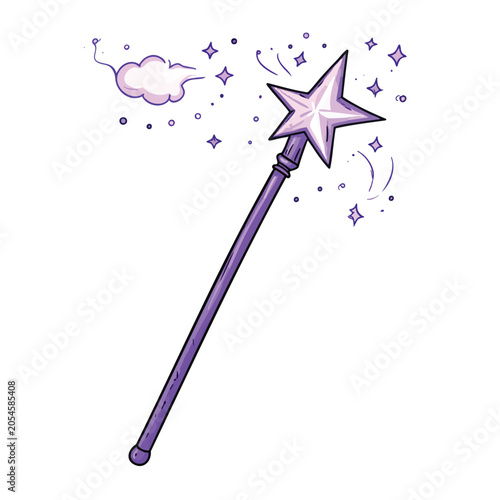 Magical purple wand with star and sparkles illustration.