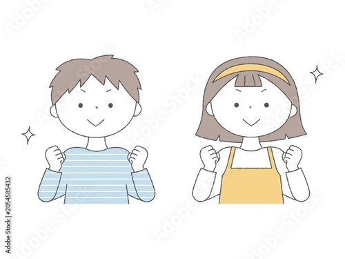 やる気いっぱいでガッツポーズをする男の子と女の子単色