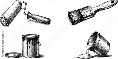 House painting tools hand drawn sketch vector set, vintage renovation brush roller and cans collection