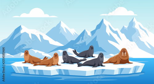 Φωτογραφία Cartoon illustration of seals and walrus on an ice floe in the Arctic ocean with mountains
