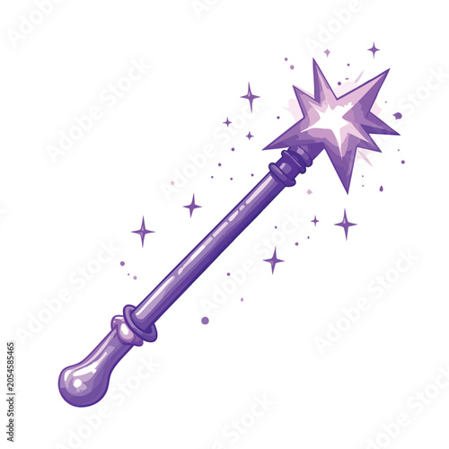 Magical purple wand with sparkling star tip isolated on white background.