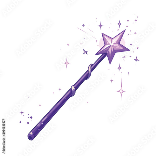 Magical purple wand with a glowing star and sparkles.