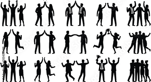 Foto Silhouette people celebrating with high fives and hugs