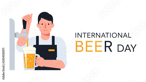 Foto International Beer Day Celebration: A bartender pours a frothy, golden beer into a pint glass from a tap, ready to serve on International Beer Day