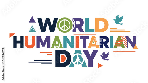 Obraz na plátně World Humanitarian Day Design: A vibrant graphic illustration celebrating World Humanitarian Day with colorful typography, peace symbols, and stylized doves