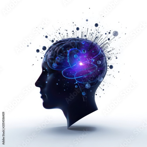 Human head silhouette with brain and gears representing intelligence, thinking, creativity and machine inspired concept of mind and idea processing