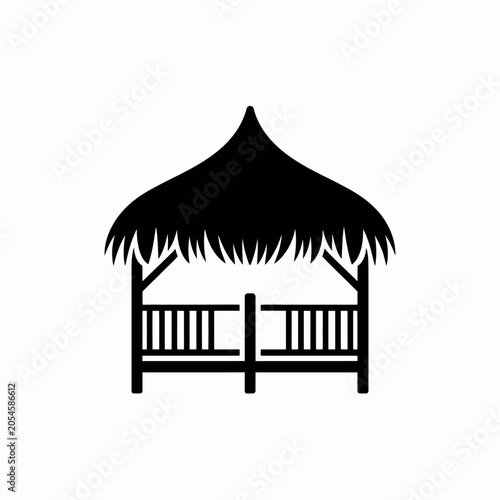 A black silhouette icon of a tropical wooden beach hut