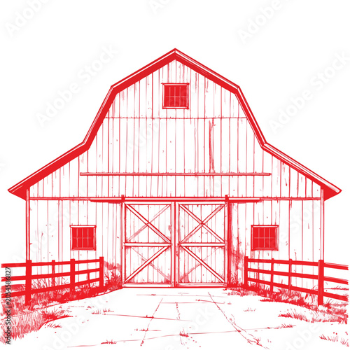 Stylized red and white sketch illustration of a rustic wooden barn.