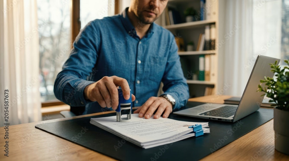 Fototapeta premium Man in blue shirt stamping papers on office desk with laptop