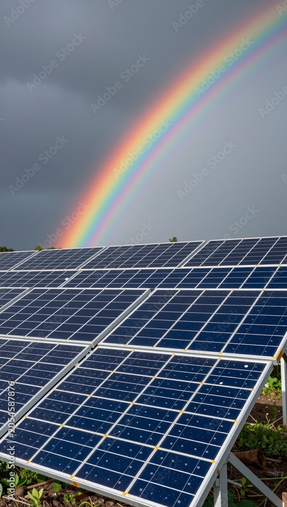 Naklejka premium Solar panels under vibrant rainbow after storm in renewable energy field