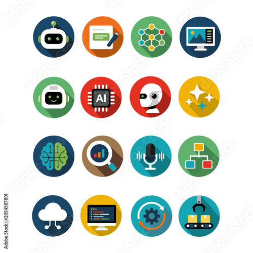 AI Icon Set - Colorful Artificial Intelligence Technology Concept Icons in Flat Design Style