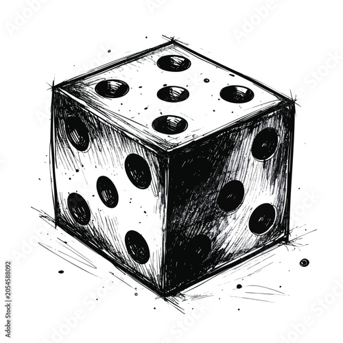 Hand drawn artistic sketch of a single six sided die.