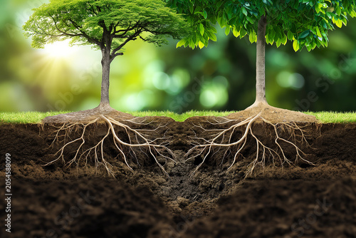 Two trees with roots in the ground