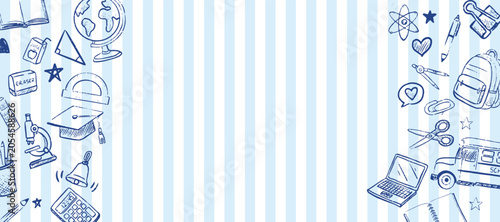 Blue hand drawn school doodles side border frame on blue striped background with copy space for text featuring educational supplies and stationery.