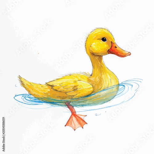 A Cute Little Yellow Duckling Swimming in Water Watercolor Illustration.