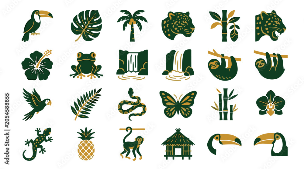 Fototapeta premium Vibrant jungle and exotic animal icon set in bold artistic style perfect for diverse nature-themed projects