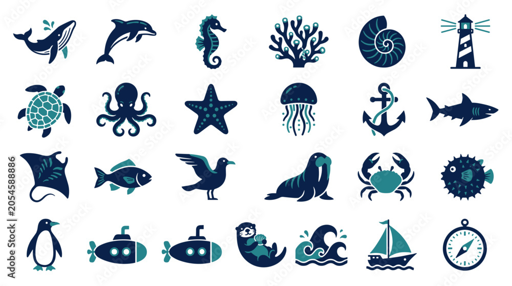 Fototapeta premium Collection of Marine Organisms Underwater Creatures and Nautical Symbols Icons Vector Art