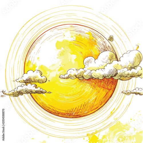 Abstract yellow sun illustration with hand drawn sketch clouds.