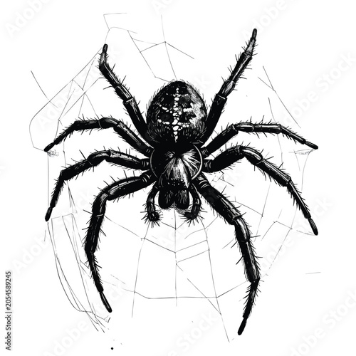 Detailed hand drawn black ink illustration of a large spider.