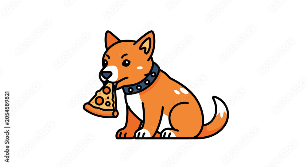 Fototapeta premium Cute orange dog sitting and eating a slice of pizza.