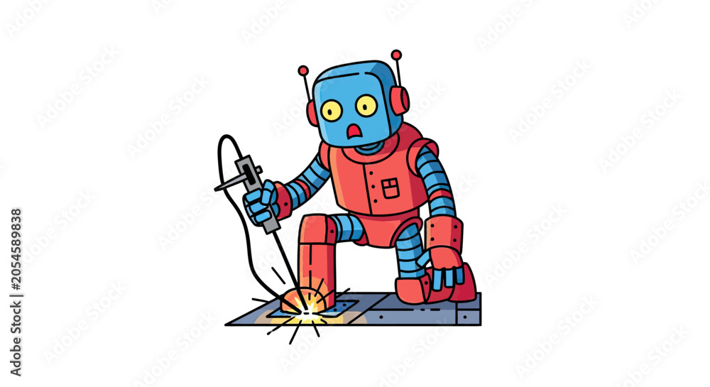 Fototapeta premium Cute red and blue robot character welding a metal floor.