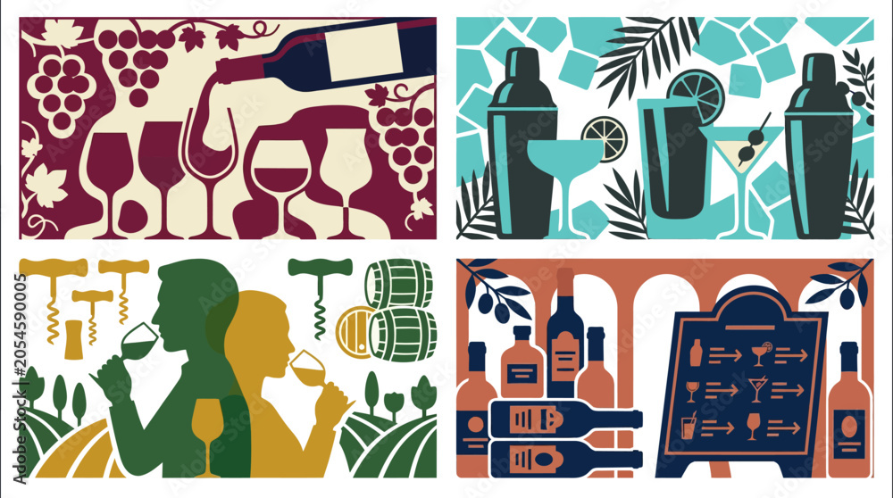 Fototapeta premium Vector illustrations of wine tasting and cocktail making