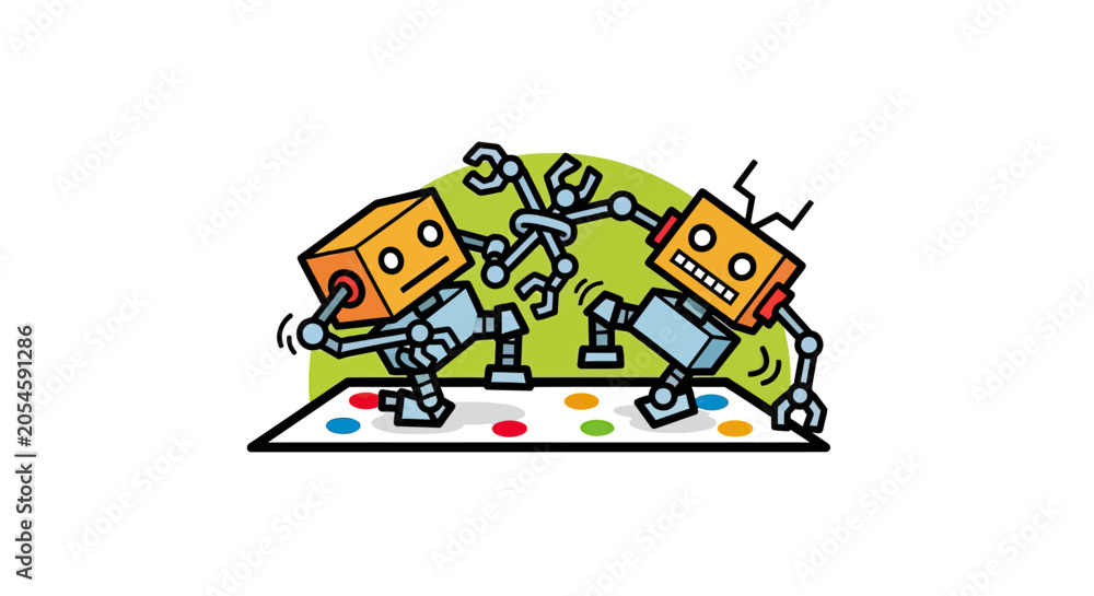 Fototapeta premium Two robots playing a colorful dot mat game.
