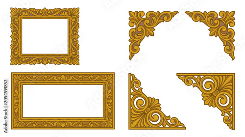 A set of ornate golden picture frames and decorative corners